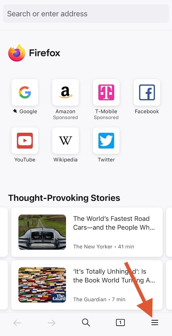 Firefox iOS hamburger menu